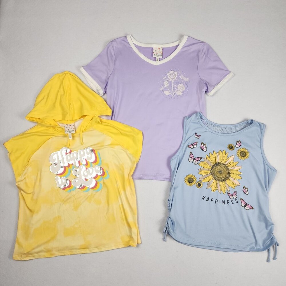 Belle du‎ Jour Lot of 3 Girls Shirts L-XL Love Happy Graphic Blue Yellow Purple